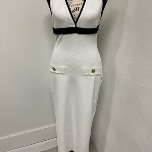 Zara White Backless Midi Dress with Black Trim